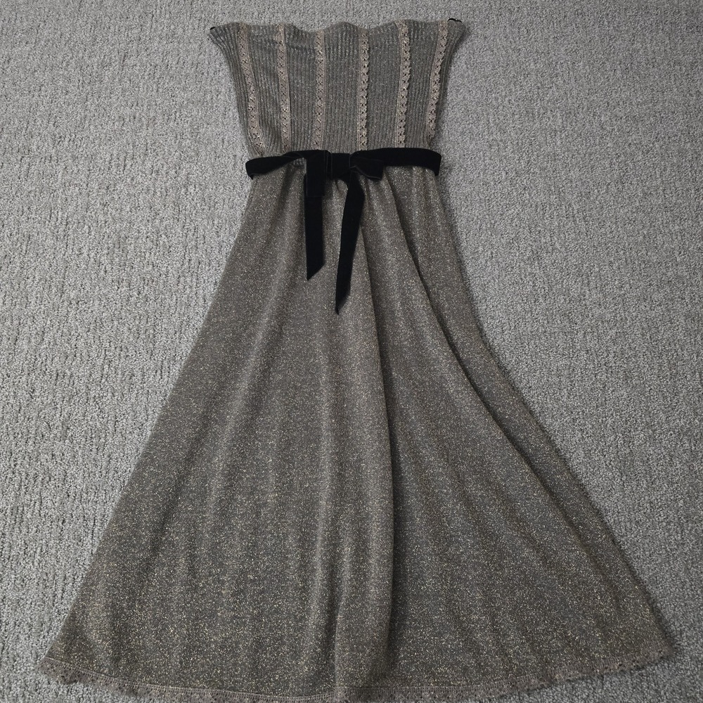 Vintage Free People Metallic Lurex Strapless Sweater Dress Velvet Bow Y2K L